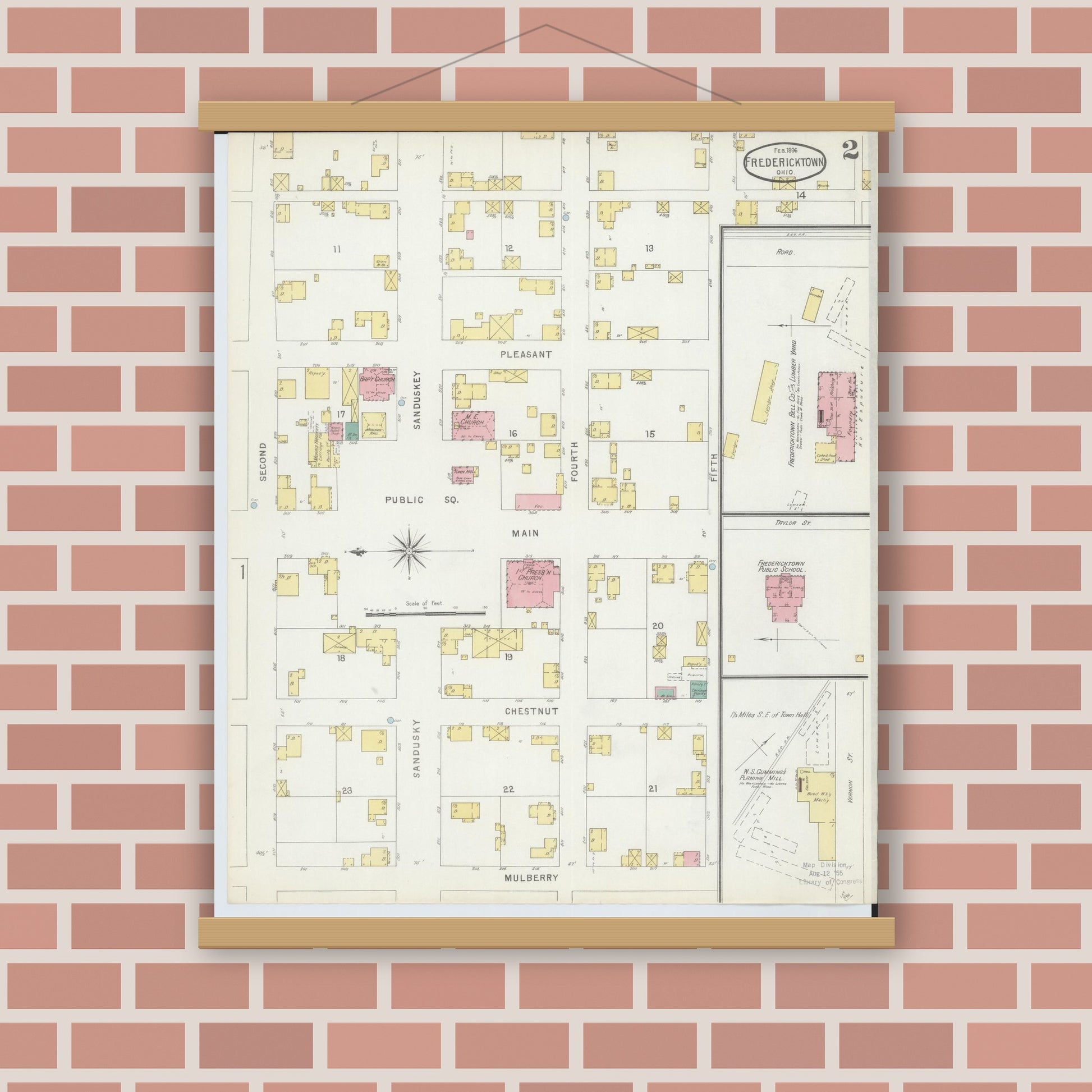 Old map wall art mockup — magnetic wood frame on brick wall — Sanborn Fire Insurance Map from Fredericktown, Knox County, Ohio (1896), Sheet #0002