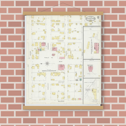 Old map wall art mockup — magnetic wood frame on brick wall — Sanborn Fire Insurance Map from Fredericktown, Knox County, Ohio (1896), Sheet #0002