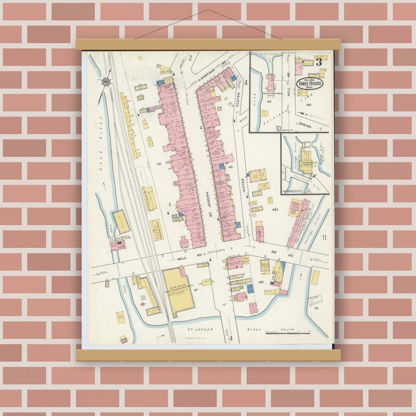 Old map wall art mockup — magnetic wood frame on brick wall — Sanborn Fire Insurance Map from Three Rivers, Saint Joseph County, Michigan (1916), Sheet #0003