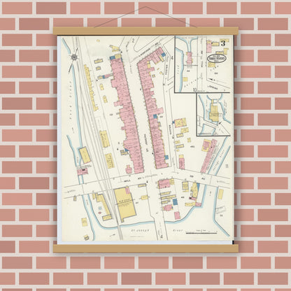 Old map wall art mockup — magnetic wood frame on brick wall — Sanborn Fire Insurance Map from Three Rivers, Saint Joseph County, Michigan (1916), Sheet #0003
