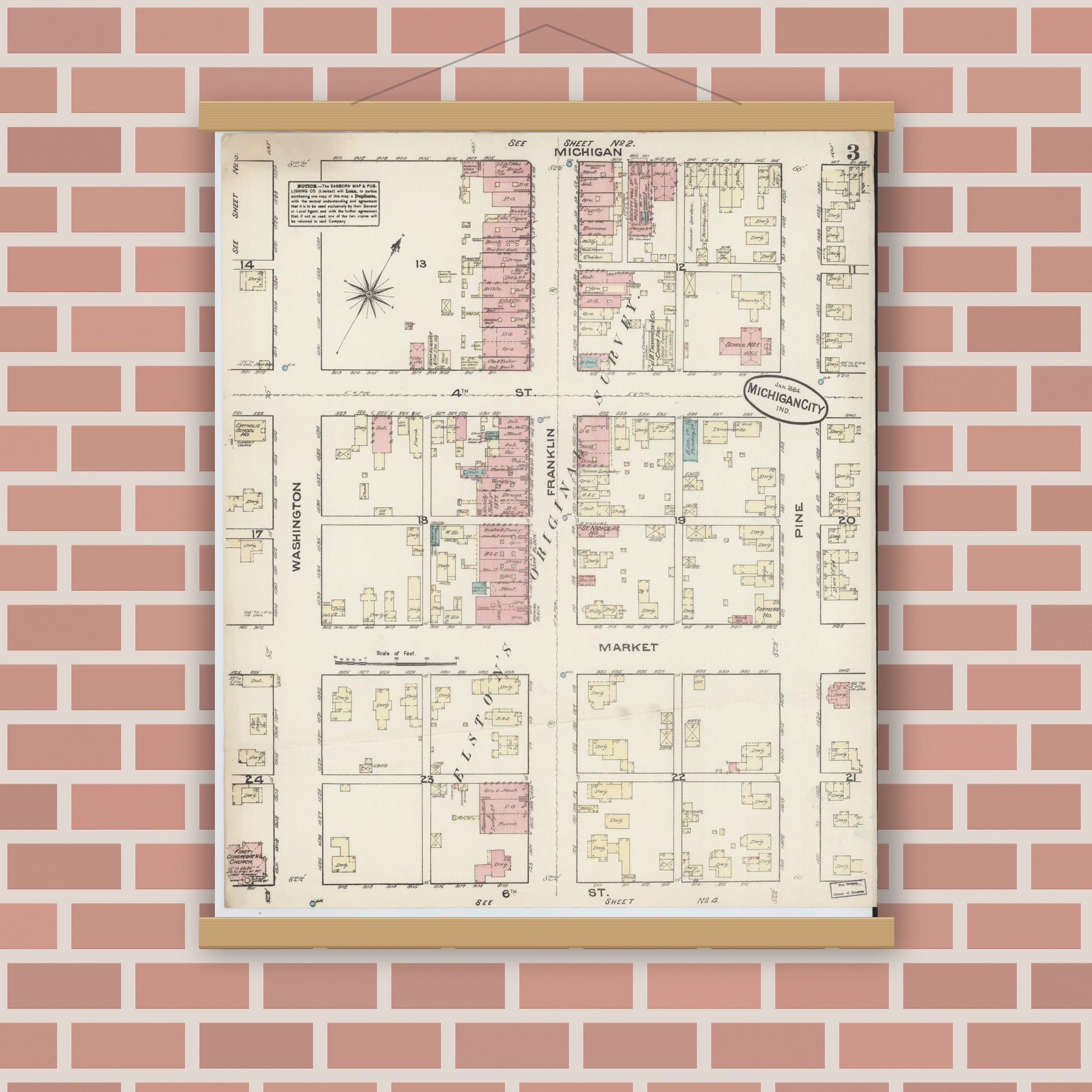 Old map wall art mockup — magnetic wood frame on brick wall — Sanborn Fire Insurance Map from Michigan City, La Porte  County, Indiana (1884), Sheet #0003