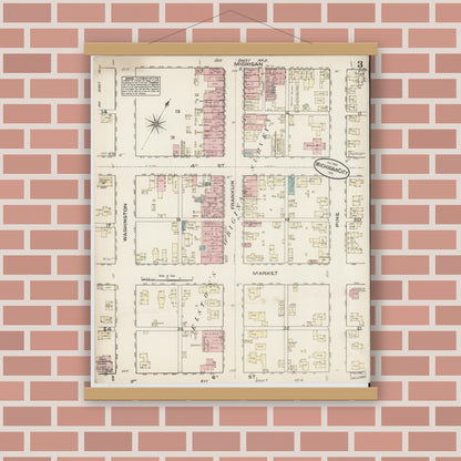 Old map wall art mockup — magnetic wood frame on brick wall — Sanborn Fire Insurance Map from Michigan City, La Porte  County, Indiana (1884), Sheet #0003
