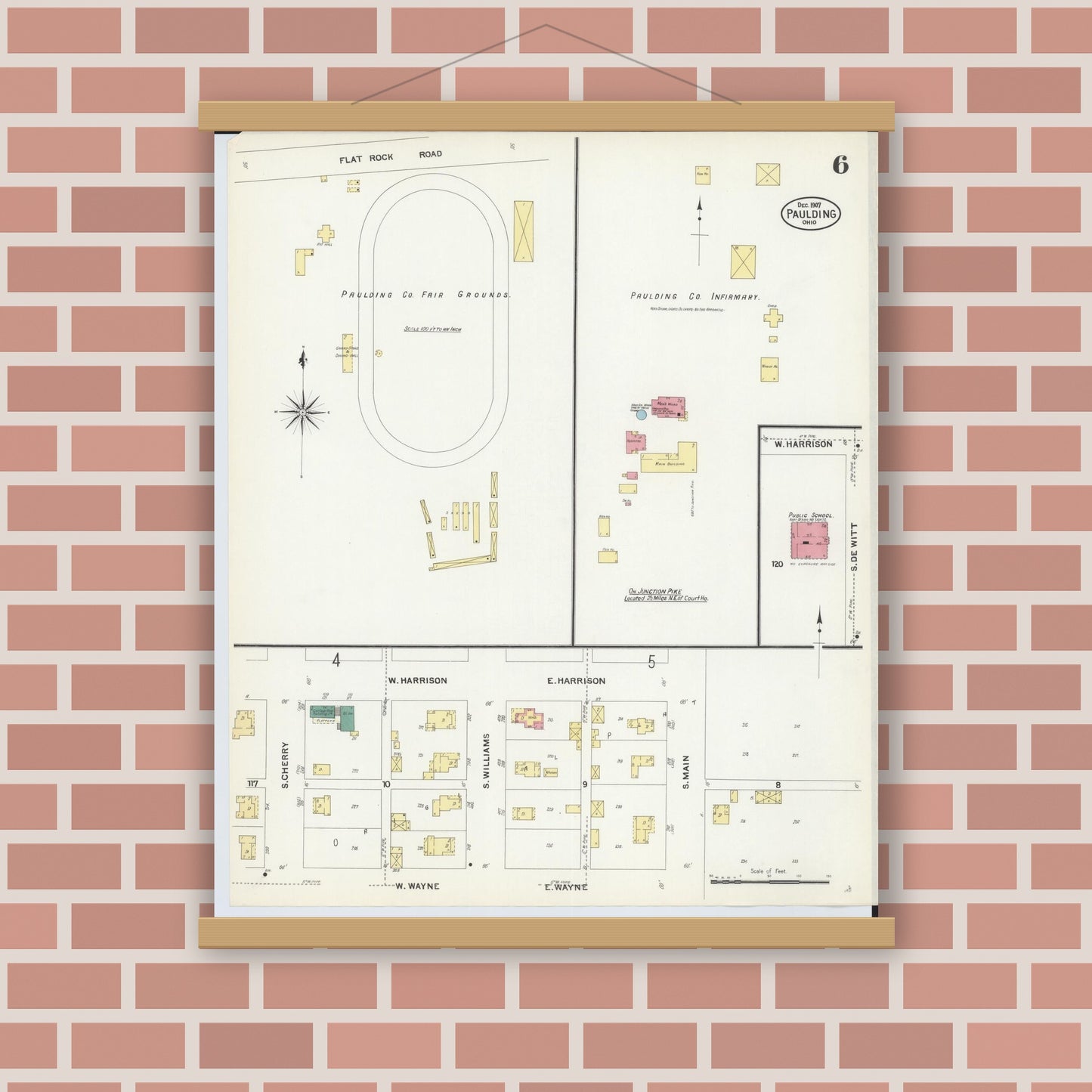 Old map wall art mockup — magnetic wood frame on brick wall — Sanborn Fire Insurance Map from Paulding, Paulding County, Ohio (1907), Sheet #0006