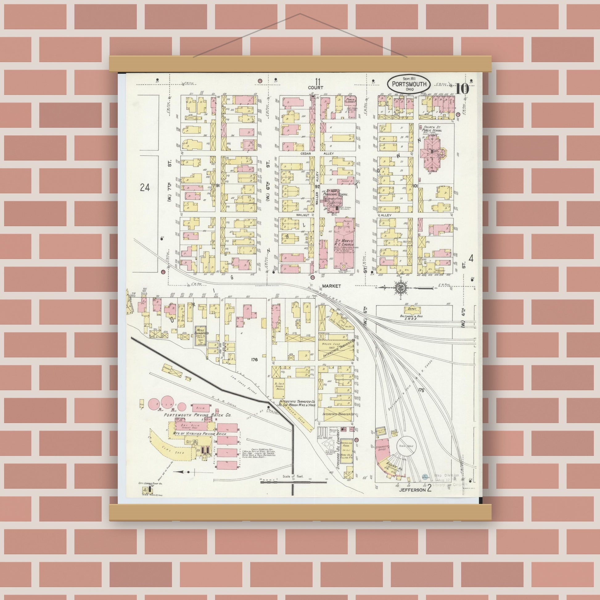 Old map wall art mockup — magnetic wood frame on brick wall — Sanborn Fire Insurance Map from Portsmouth, Scioto County, Ohio (1911), Sheet #0010