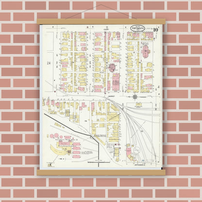 Old map wall art mockup — magnetic wood frame on brick wall — Sanborn Fire Insurance Map from Portsmouth, Scioto County, Ohio (1911), Sheet #0010