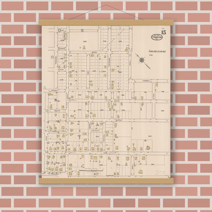 Old map wall art mockup — magnetic wood frame on brick wall — Sanborn Fire Insurance Map from Yoakum, De Witt And Lavaca Counties, Texas (1922), Sheet #0015