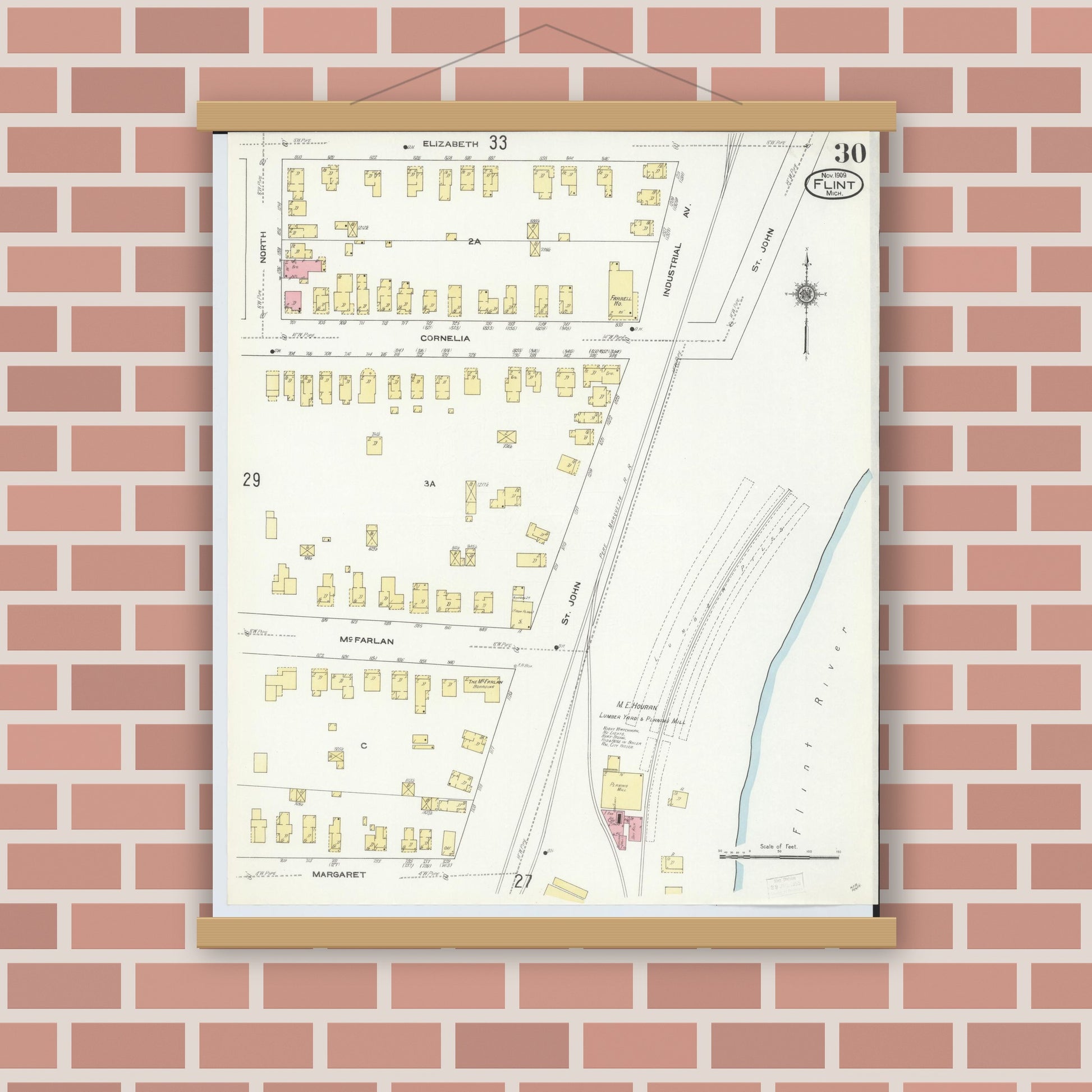 Old map wall art mockup — magnetic wood frame on brick wall — Sanborn Fire Insurance Map from Flint, Genesee County, Michigan (1909), Sheet #0030