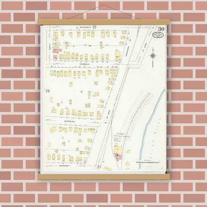 Old map wall art mockup — magnetic wood frame on brick wall — Sanborn Fire Insurance Map from Flint, Genesee County, Michigan (1909), Sheet #0030