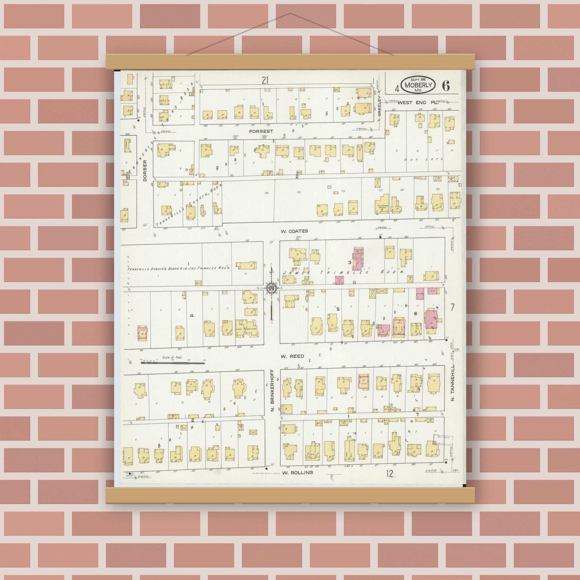Old map wall art mockup — magnetic wood frame on brick wall — Sanborn Fire Insurance Map from Moberly, Randolph County, Missouri (1916), Sheet #0006