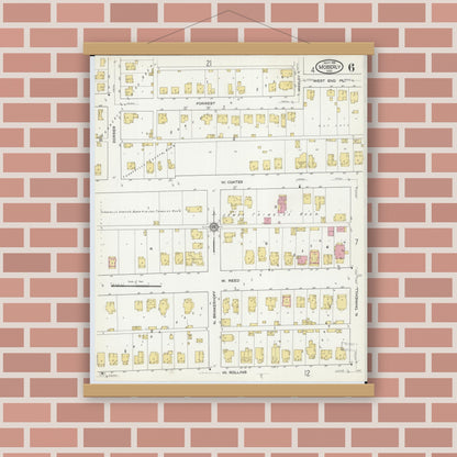Old map wall art mockup — magnetic wood frame on brick wall — Sanborn Fire Insurance Map from Moberly, Randolph County, Missouri (1916), Sheet #0006