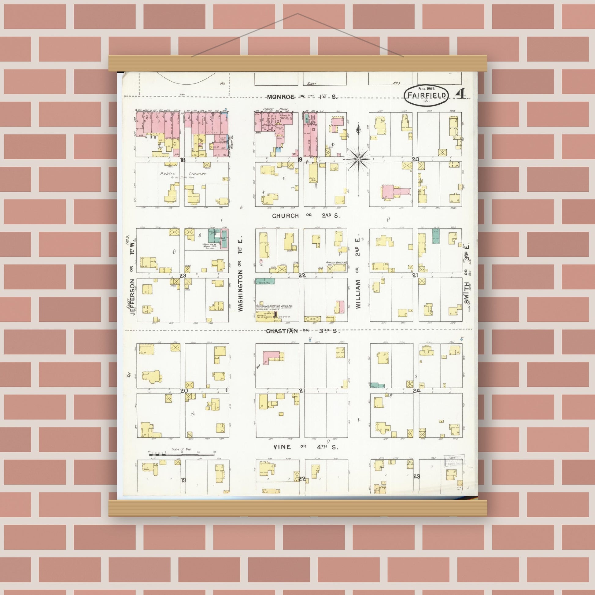 Old map wall art mockup — magnetic wood frame on brick wall — Sanborn Fire Insurance Map from Fairfield, Jefferson County, Iowa (1892), Sheet #0004
