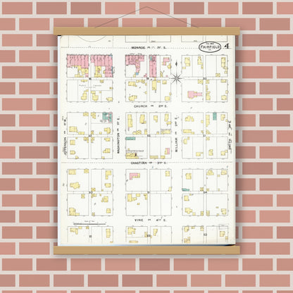 Old map wall art mockup — magnetic wood frame on brick wall — Sanborn Fire Insurance Map from Fairfield, Jefferson County, Iowa (1892), Sheet #0004