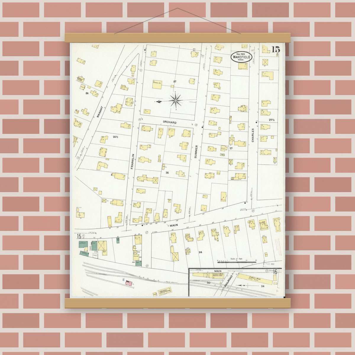 Old map wall art mockup — magnetic wood frame on brick wall — Sanborn Fire Insurance Map from Wakefield, Middlesex County, Massachusetts (1909), Sheet #0015