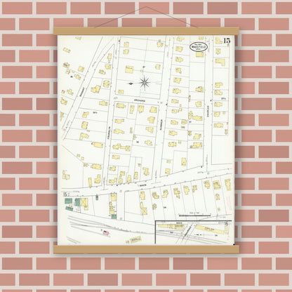 Old map wall art mockup — magnetic wood frame on brick wall — Sanborn Fire Insurance Map from Wakefield, Middlesex County, Massachusetts (1909), Sheet #0015