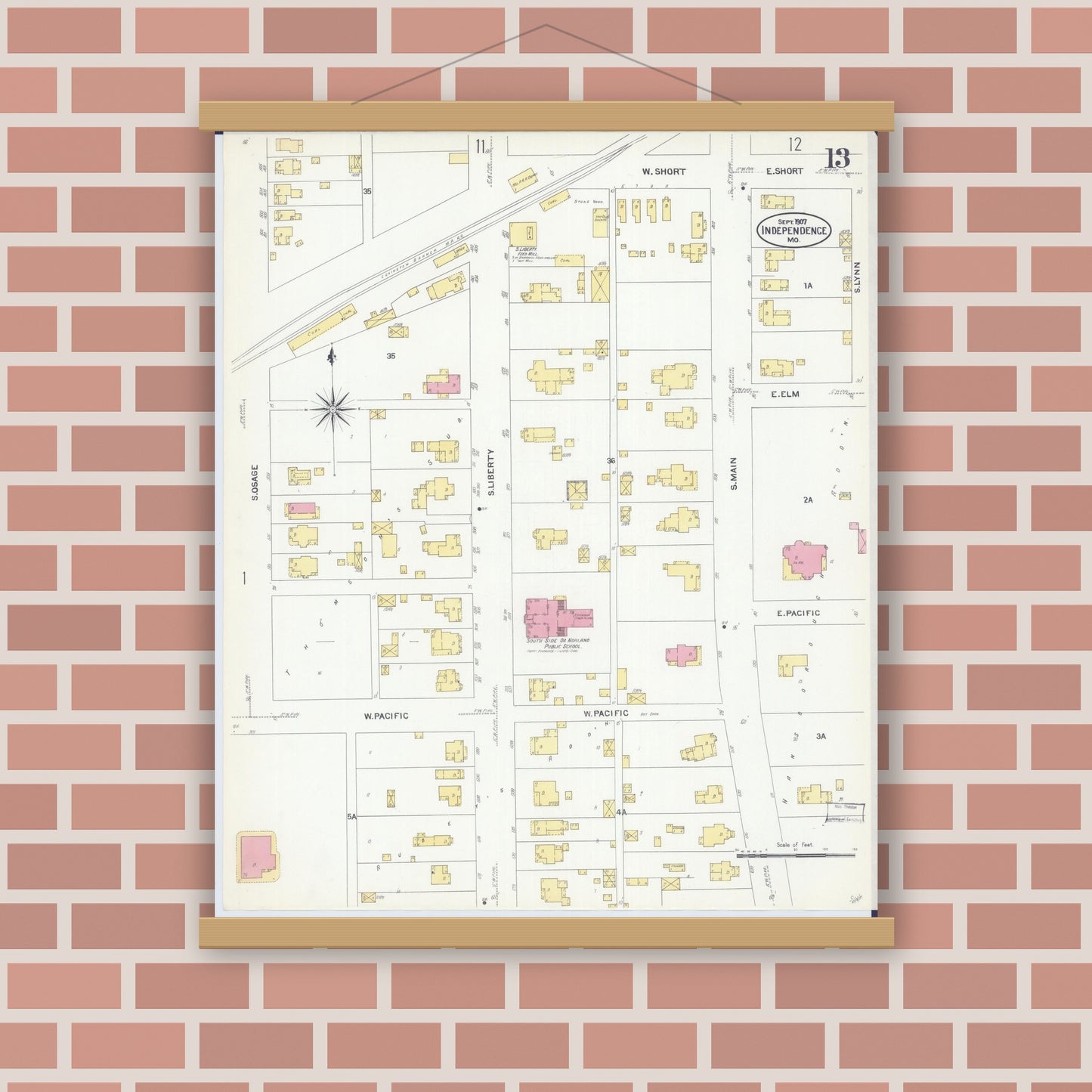 Old map wall art mockup — magnetic wood frame on brick wall — Sanborn Fire Insurance Map from Independence, Jackson County, Missouri (1907), Sheet #0013