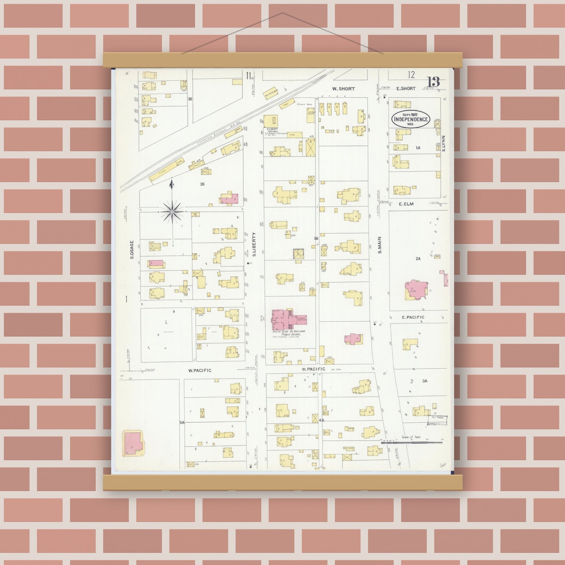 Old map wall art mockup — magnetic wood frame on brick wall — Sanborn Fire Insurance Map from Independence, Jackson County, Missouri (1907), Sheet #0013