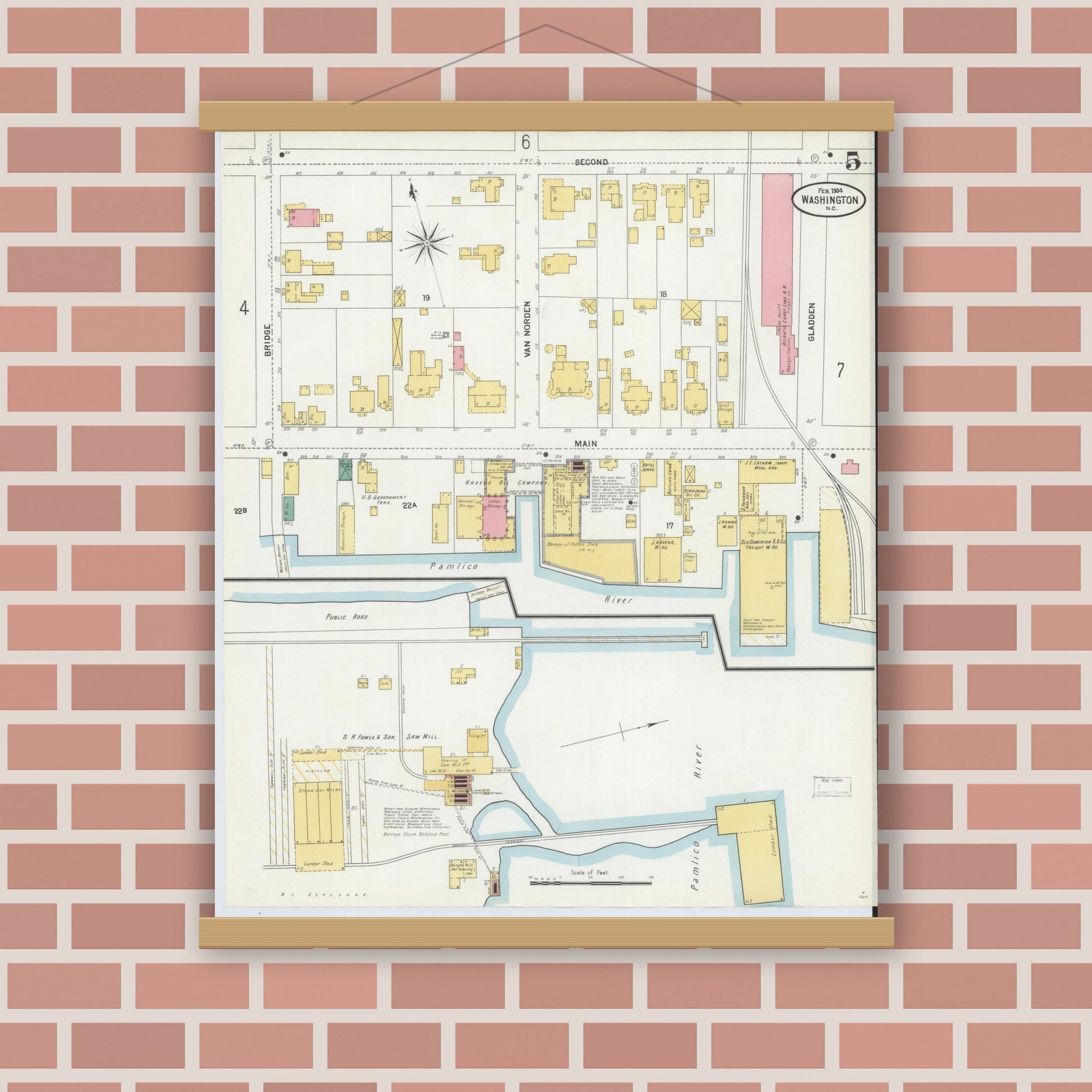 Old map wall art mockup — magnetic wood frame on brick wall — Sanborn Fire Insurance Map from Washington, Beaufort County, North Carolina (1904), Sheet #0005