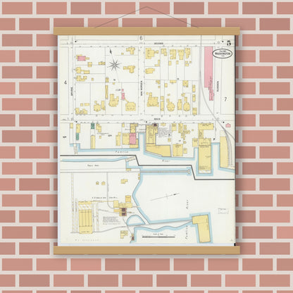 Old map wall art mockup — magnetic wood frame on brick wall — Sanborn Fire Insurance Map from Washington, Beaufort County, North Carolina (1904), Sheet #0005