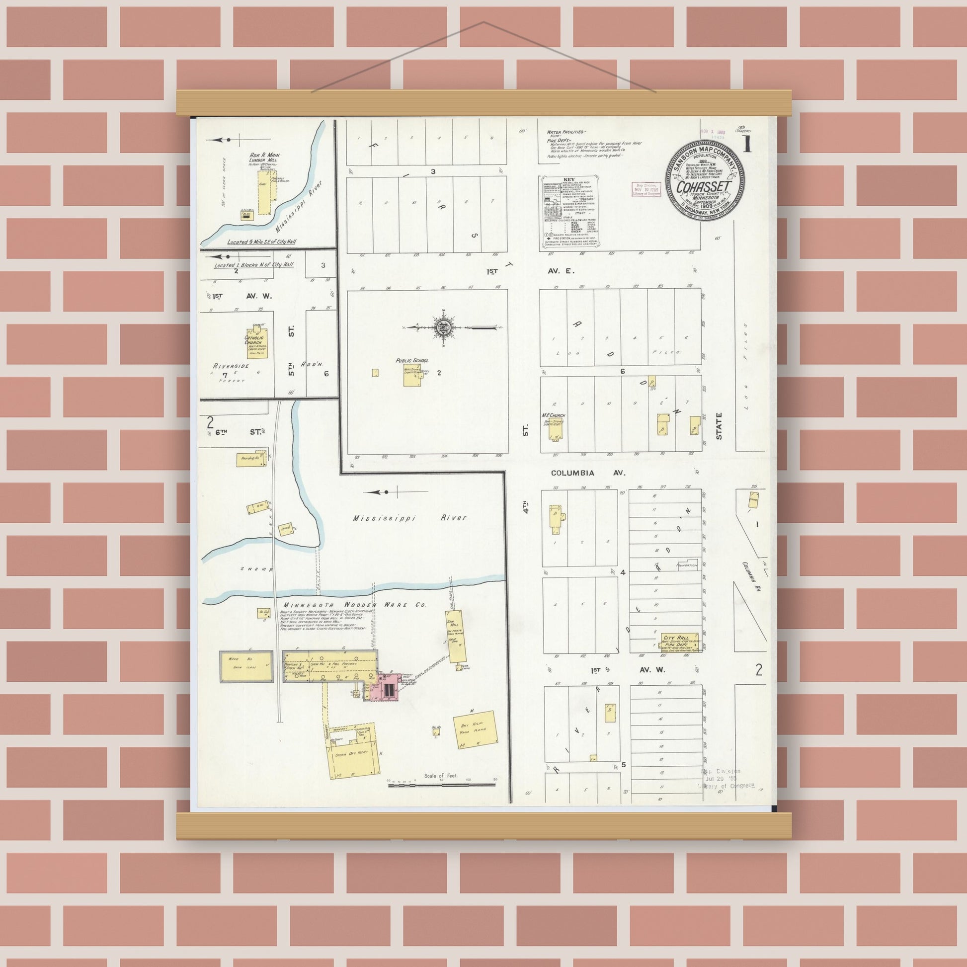 Old map wall art mockup — magnetic wood frame on brick wall — Sanborn Fire Insurance Map from Cohasset, Itasca County, Minnesota (1909) - Complete Map Set