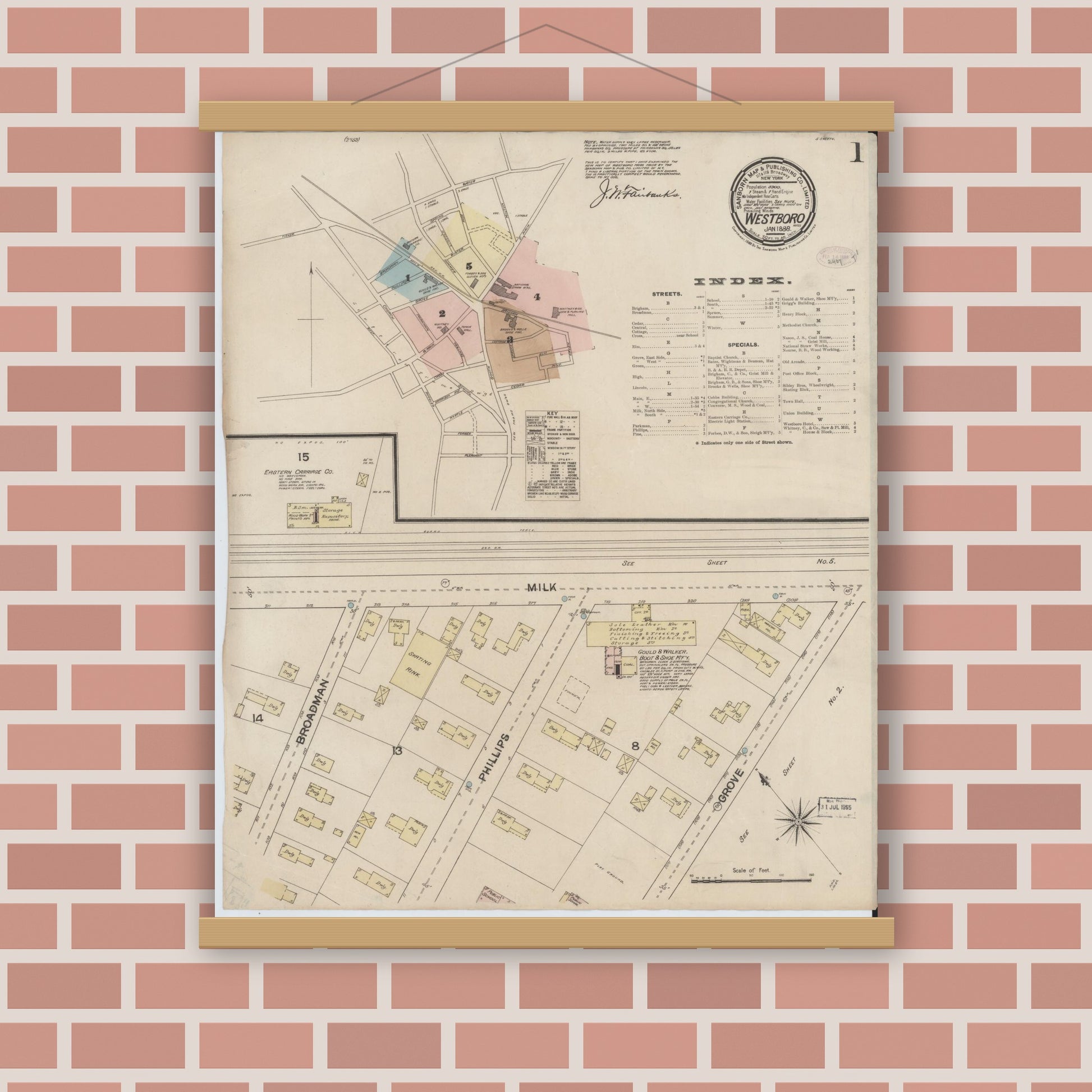 Old map wall art mockup — magnetic wood frame on brick wall — Sanborn Fire Insurance Map from Westboro, Worcester County, Massachusetts (1888), Sheet #0001