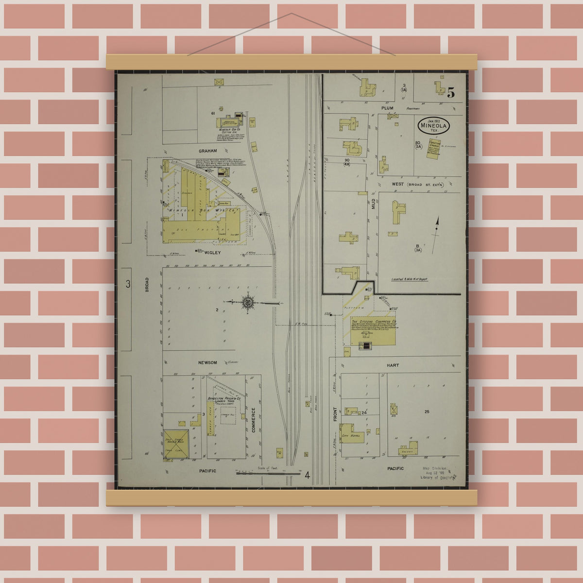 Old map wall art mockup — magnetic wood frame on brick wall — Sanborn Fire Insurance Map from Mineola, Wood County, Texas (1912), Sheet #0005