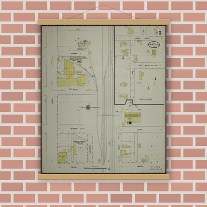 Old map wall art mockup — magnetic wood frame on brick wall — Sanborn Fire Insurance Map from Mineola, Wood County, Texas (1912), Sheet #0005