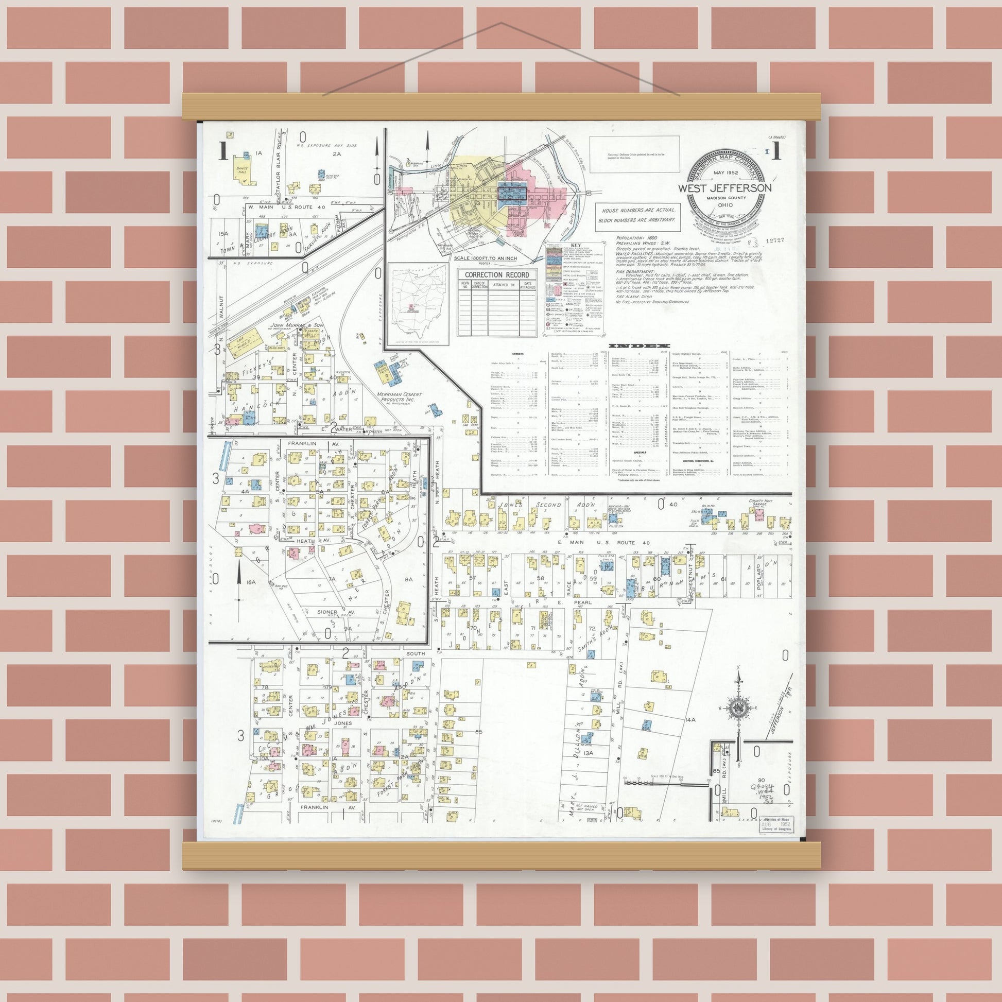 Old map wall art mockup — magnetic wood frame on brick wall — Sanborn Fire Insurance Map from West Jefferson, Madison County, Ohio (1952), Sheet #0001