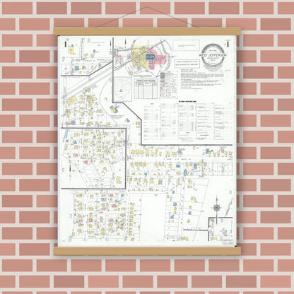 Old map wall art mockup — magnetic wood frame on brick wall — Sanborn Fire Insurance Map from West Jefferson, Madison County, Ohio (1952), Sheet #0001
