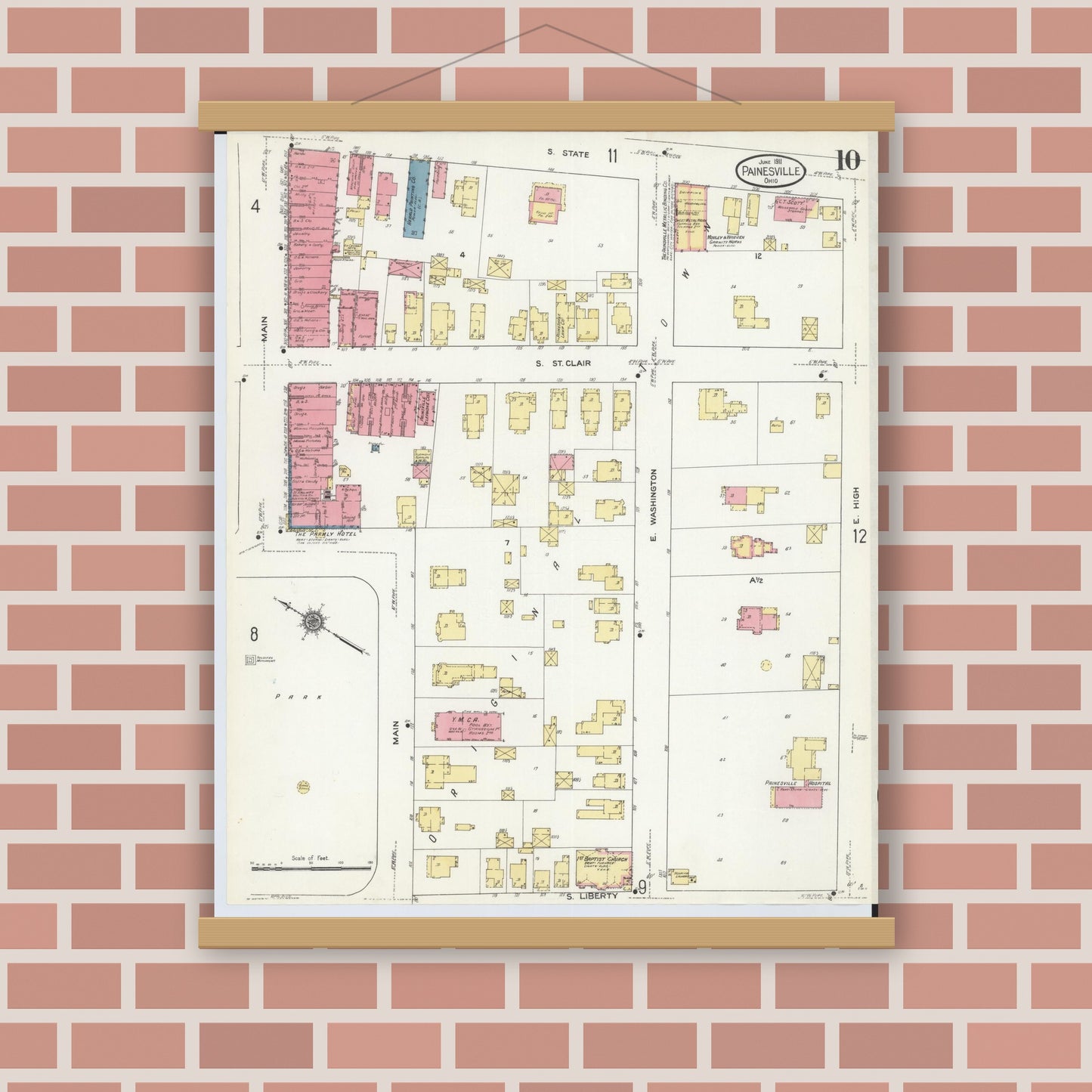 Old map wall art mockup — magnetic wood frame on brick wall — Sanborn Fire Insurance Map from Painesville, Lake County, Ohio (1911), Sheet #0010