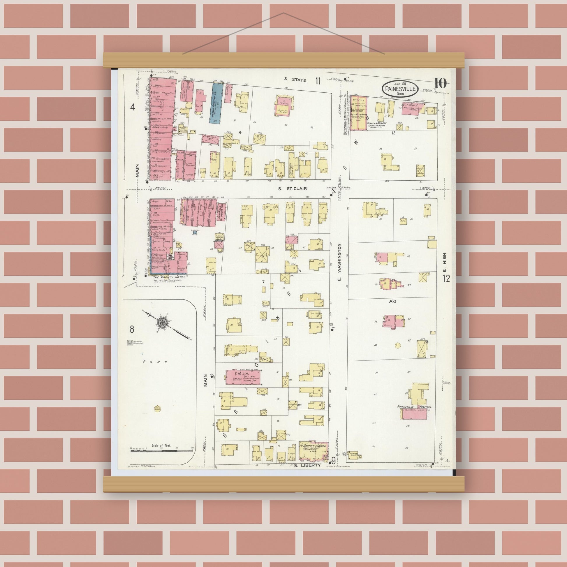 Old map wall art mockup — magnetic wood frame on brick wall — Sanborn Fire Insurance Map from Painesville, Lake County, Ohio (1911), Sheet #0010