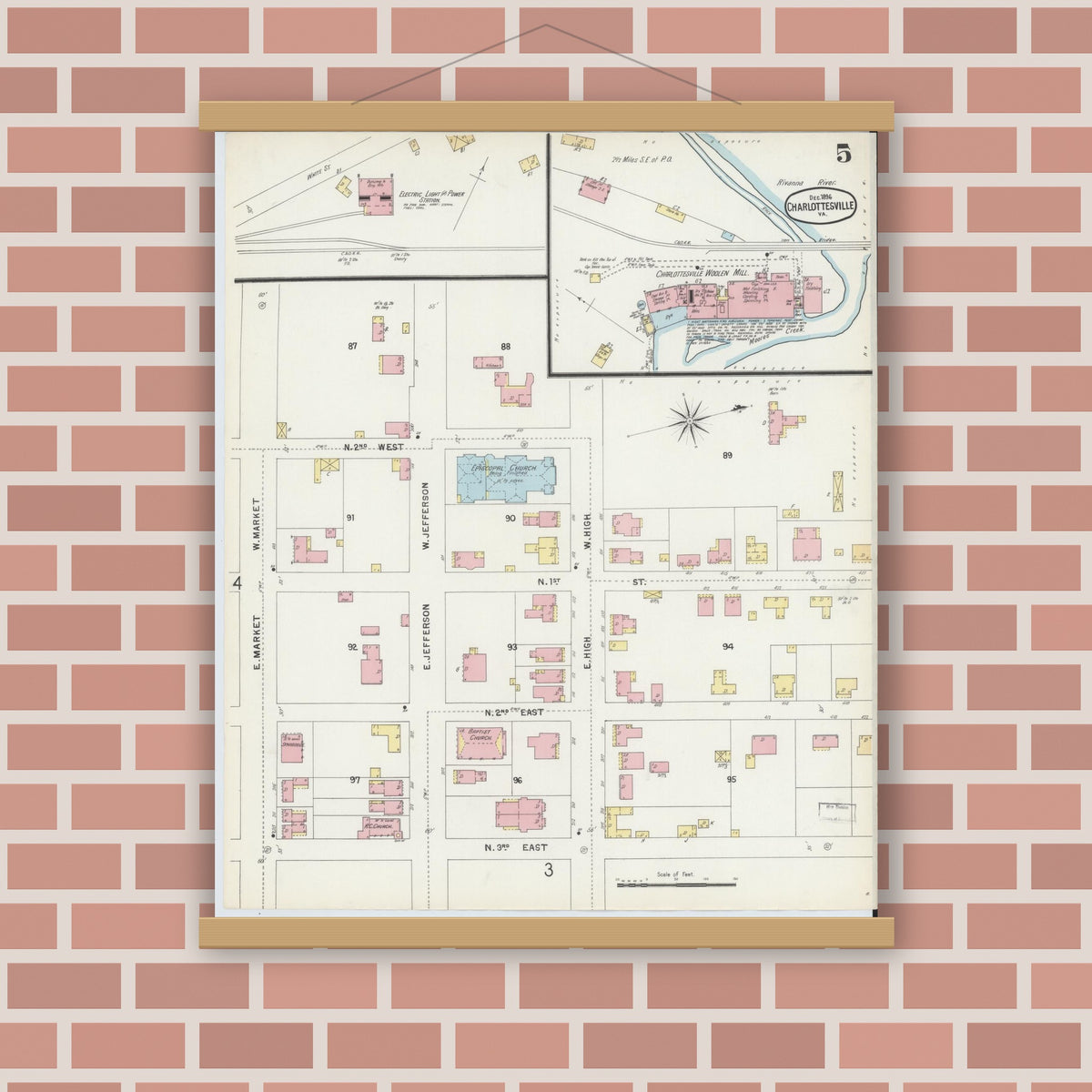 Old map wall art mockup — magnetic wood frame on brick wall — Sanborn Fire Insurance Map from Charlottesville, Independent Cities, Virginia (1896), Sheet #0005