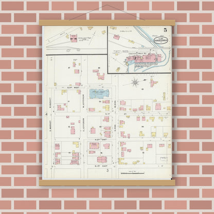 Old map wall art mockup — magnetic wood frame on brick wall — Sanborn Fire Insurance Map from Charlottesville, Independent Cities, Virginia (1896), Sheet #0005