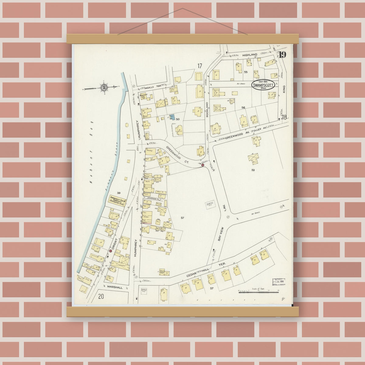 Old map wall art mockup — magnetic wood frame on brick wall — Sanborn Fire Insurance Map from Swampscott, Essex County, Massachusetts (1913), Sheet #0019