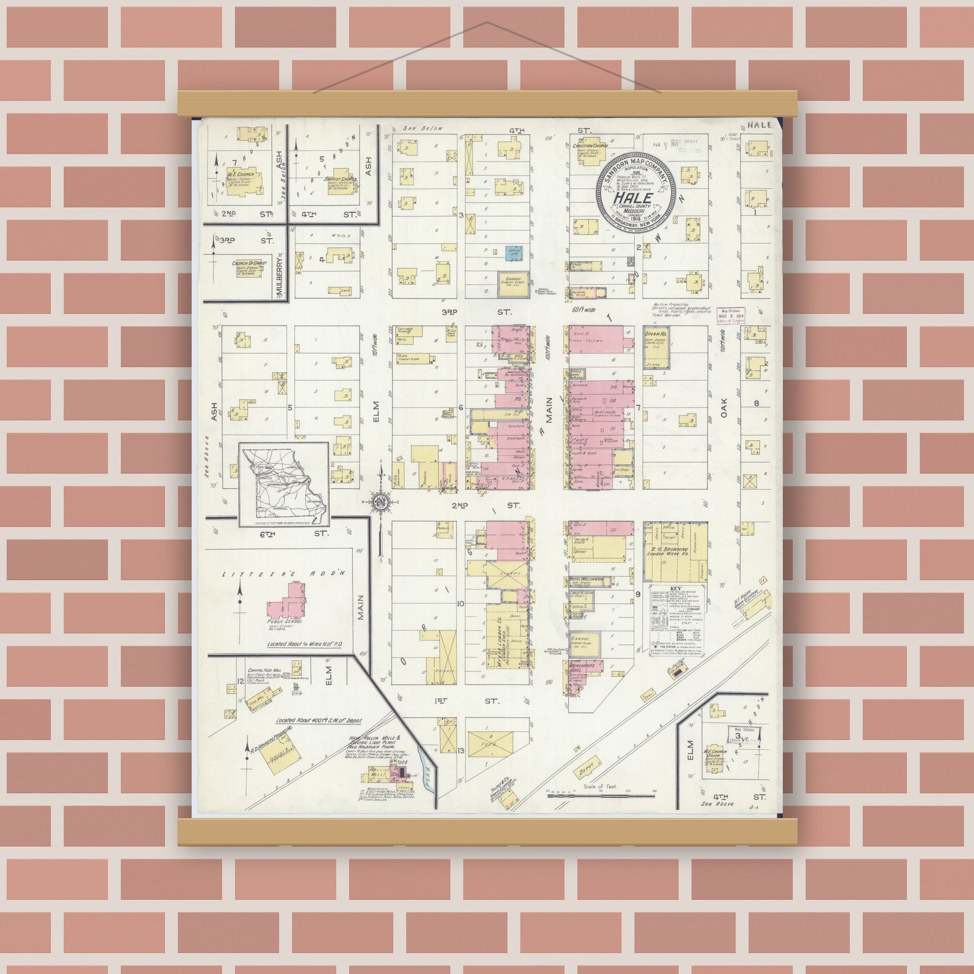 Old map wall art mockup — magnetic wood frame on brick wall — Sanborn Fire Insurance Map from Hale, Carroll County, Missouri (1914), Sheet #0001