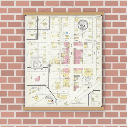 Old map wall art mockup — magnetic wood frame on brick wall — Sanborn Fire Insurance Map from Hale, Carroll County, Missouri (1914), Sheet #0001