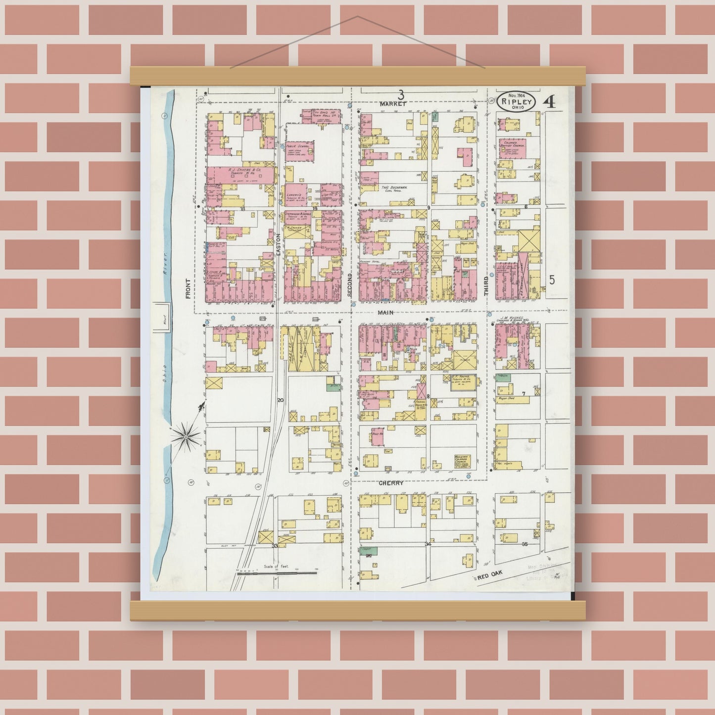 Old map wall art mockup — magnetic wood frame on brick wall — Sanborn Fire Insurance Map from Ripley, Brown County, Ohio (1904), Sheet #0004