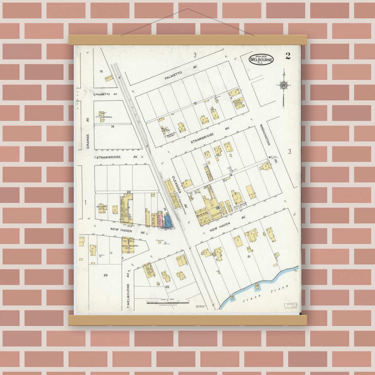 Old map wall art mockup — magnetic wood frame on brick wall — Sanborn Fire Insurance Map from Melbourne, Brevard County, Florida (1920), Sheet #0002