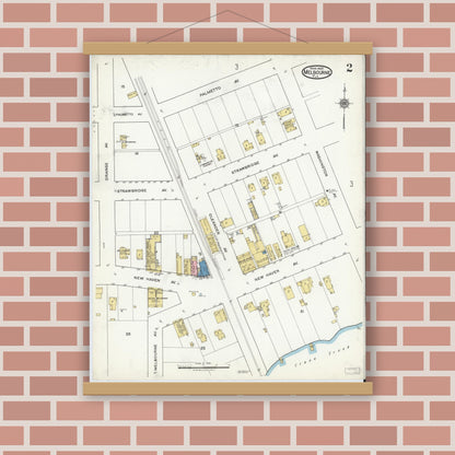 Old map wall art mockup — magnetic wood frame on brick wall — Sanborn Fire Insurance Map from Melbourne, Brevard County, Florida (1920), Sheet #0002