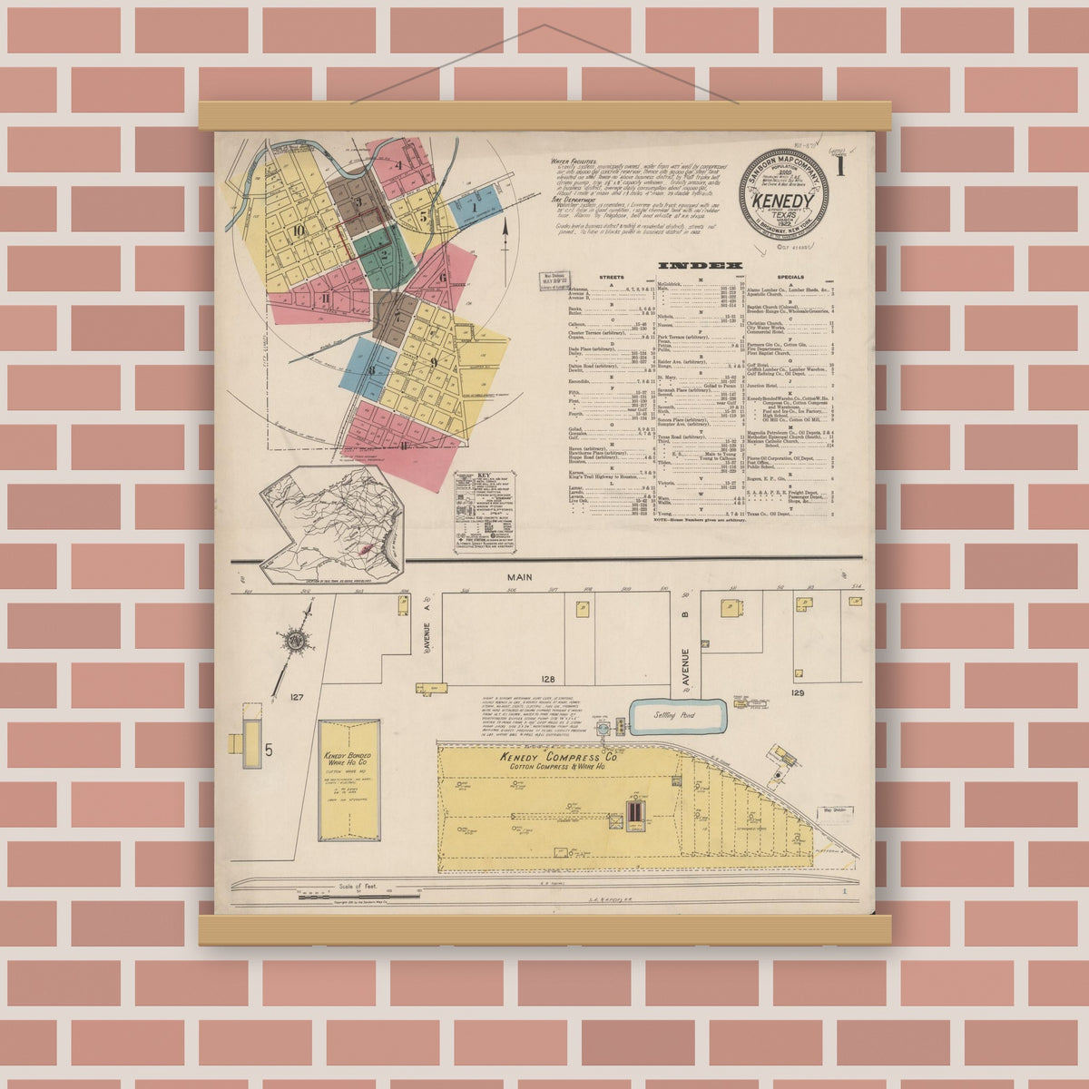 Old map wall art mockup — magnetic wood frame on brick wall — Sanborn Fire Insurance Map from Kenedy, Karnes County, Texas (1922) - Complete Map Set