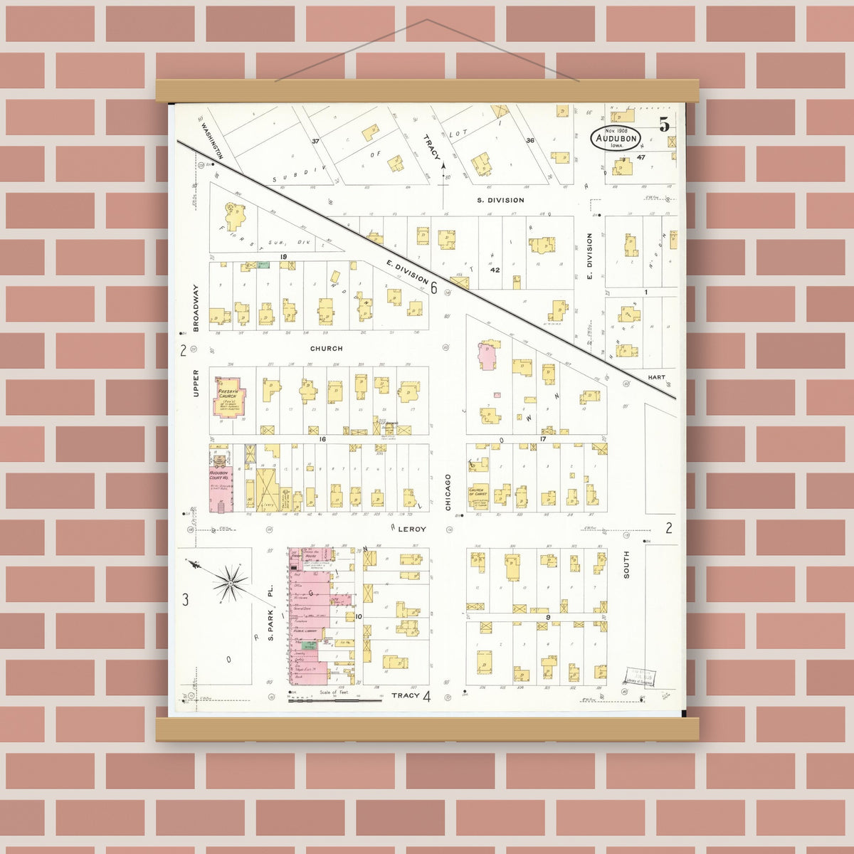 Old map wall art mockup — magnetic wood frame on brick wall — Sanborn Fire Insurance Map from Audubon, Audubon County, Iowa (1908), Sheet #0005