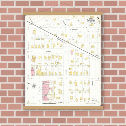 Old map wall art mockup — magnetic wood frame on brick wall — Sanborn Fire Insurance Map from Audubon, Audubon County, Iowa (1908), Sheet #0005