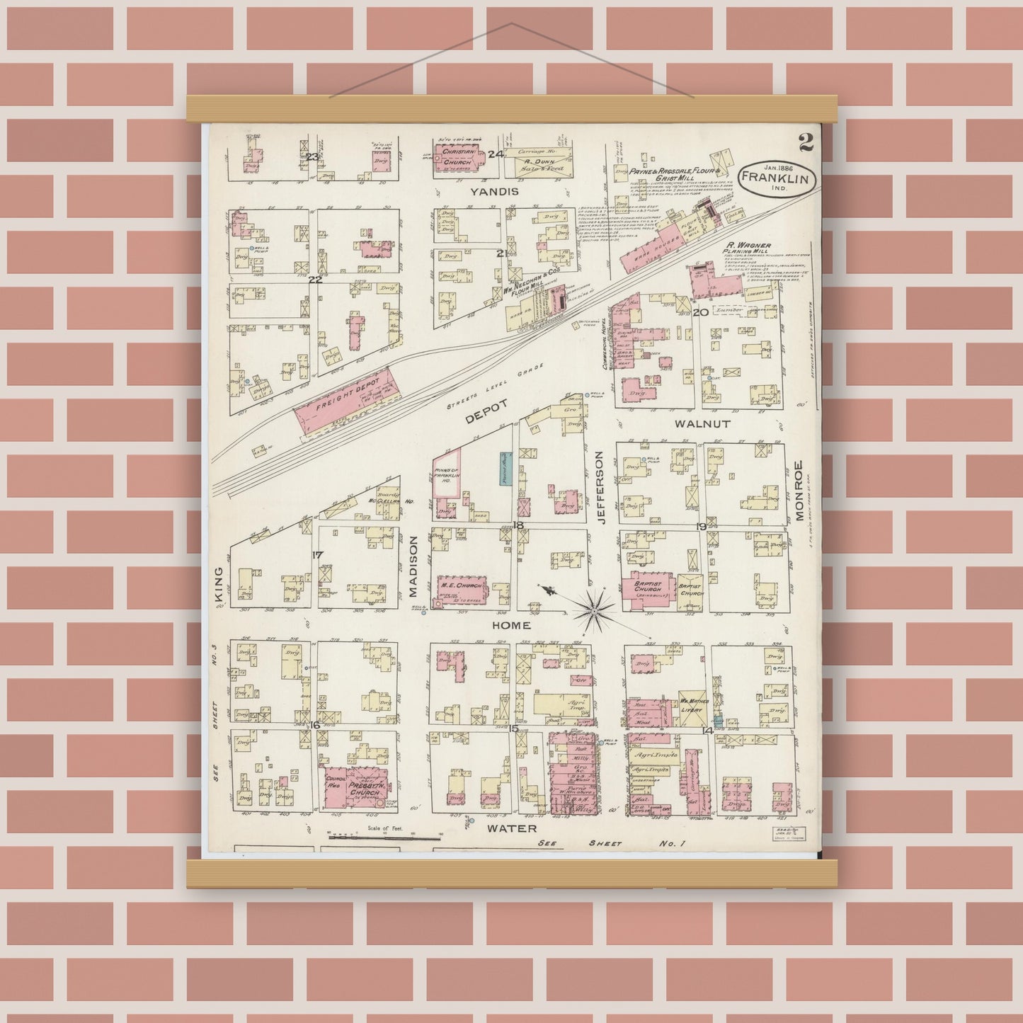 Old map wall art mockup — magnetic wood frame on brick wall — Sanborn Fire Insurance Map from Franklin, Johnson County, Indiana (1886), Sheet #0002