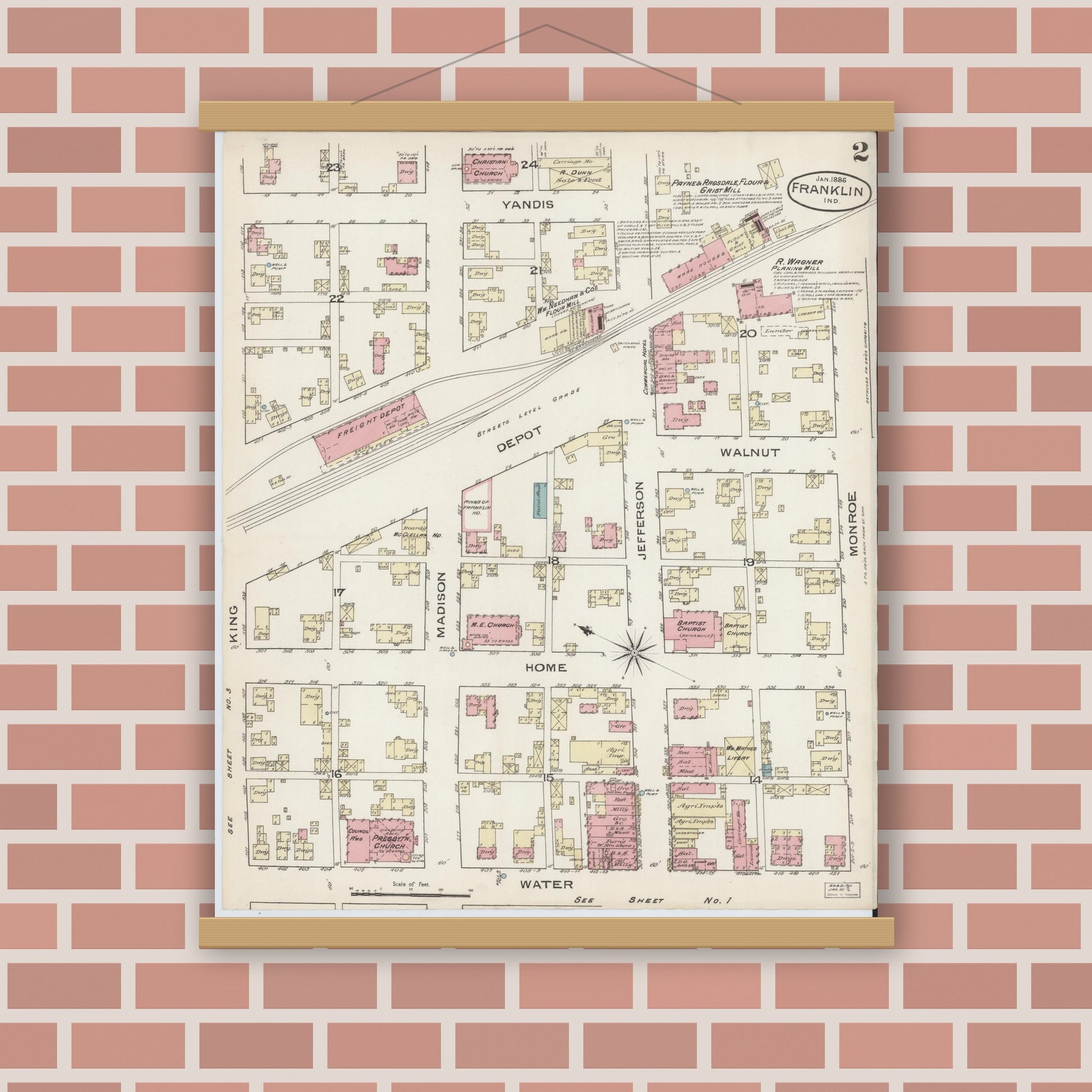 Old map wall art mockup — magnetic wood frame on brick wall — Sanborn Fire Insurance Map from Franklin, Johnson County, Indiana (1886), Sheet #0002