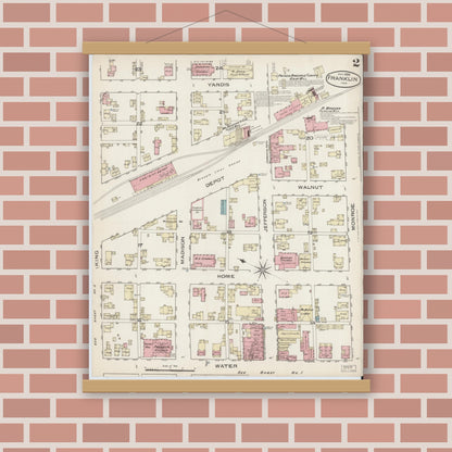 Old map wall art mockup — magnetic wood frame on brick wall — Sanborn Fire Insurance Map from Franklin, Johnson County, Indiana (1886), Sheet #0002