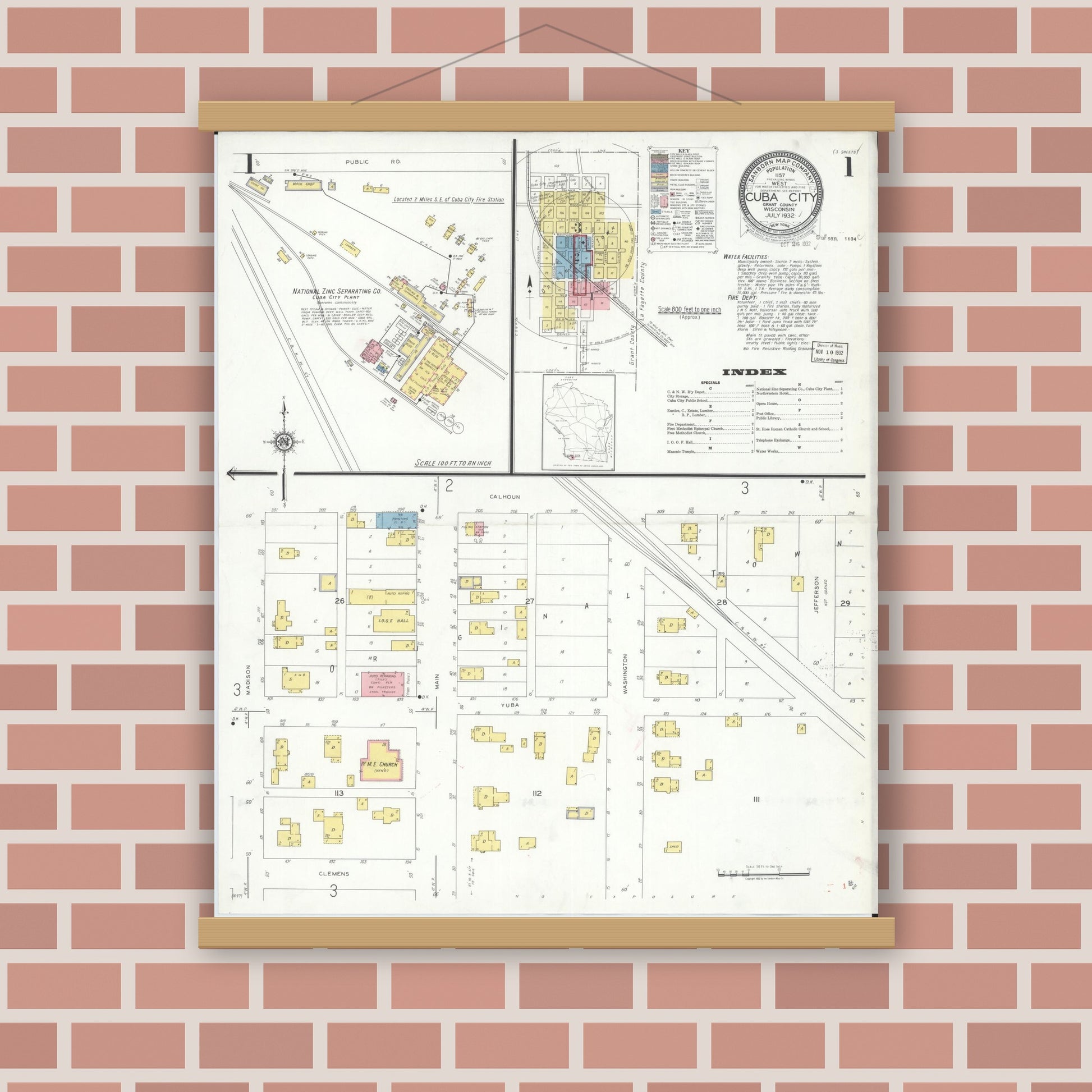 Old map wall art mockup — magnetic wood frame on brick wall — Sanborn Fire Insurance Map from Cuba City, Grant County, Wisconsin (1932) - Complete Map Set