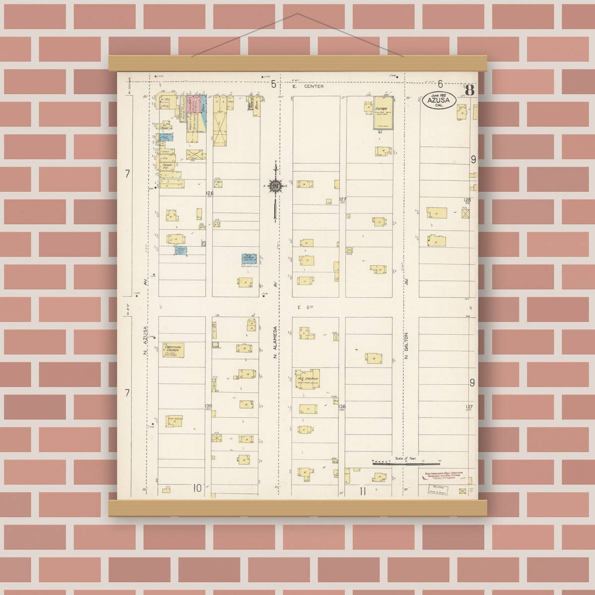 Old map wall art mockup — magnetic wood frame on brick wall — Sanborn Fire Insurance Map from Azusa, Los Angeles County, California (1912), Sheet #0008