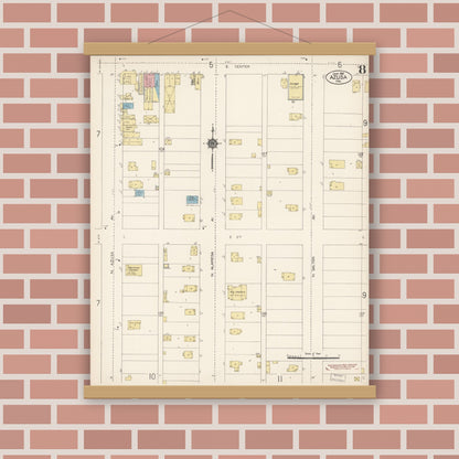 Old map wall art mockup — magnetic wood frame on brick wall — Sanborn Fire Insurance Map from Azusa, Los Angeles County, California (1912), Sheet #0008
