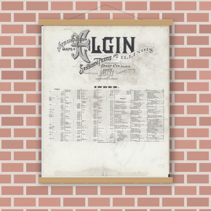 Old map wall art mockup — magnetic wood frame on brick wall — Sanborn Fire Insurance Map from Elgin, Kane County, Illinois (1897), Sheet #0001