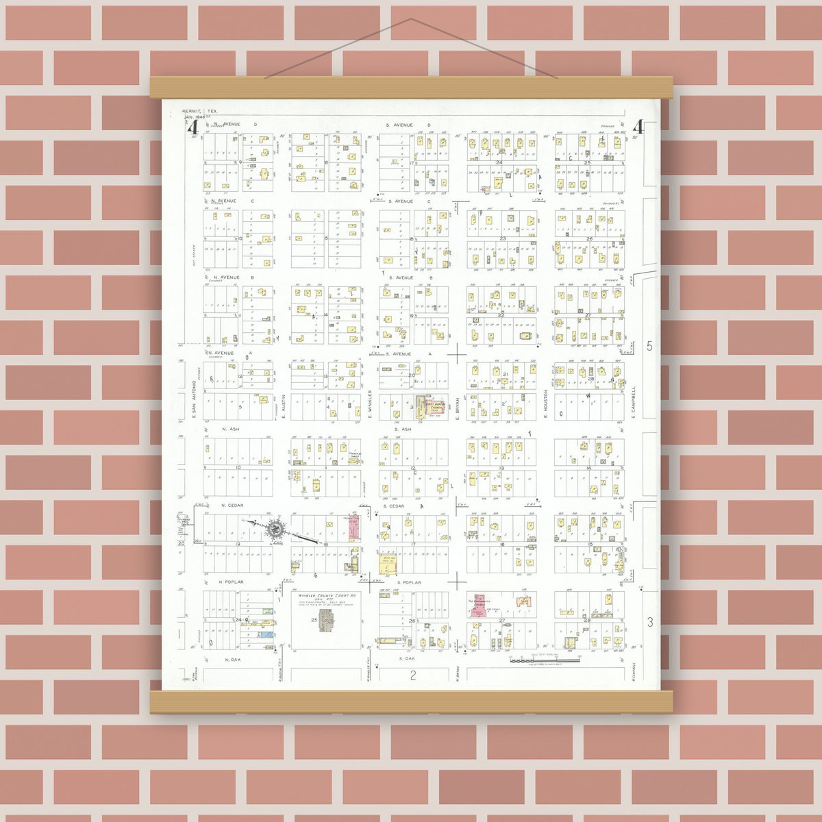 Old map wall art mockup — magnetic wood frame on brick wall — Sanborn Fire Insurance Map from Kermit, Winkler County, Texas (1946), Sheet #0004