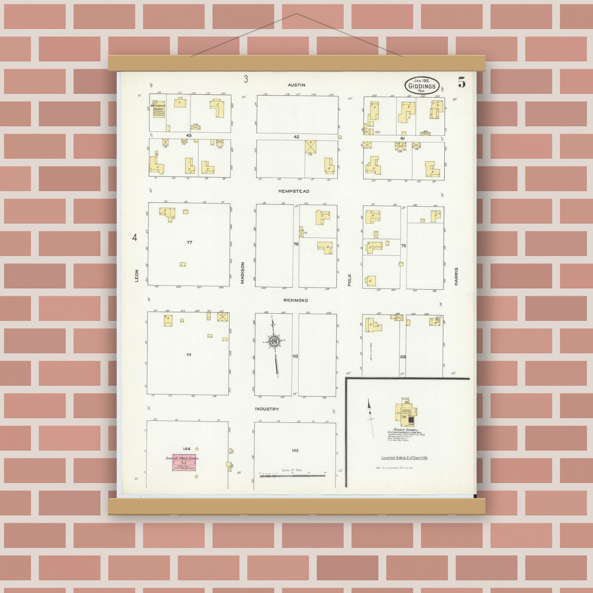 Old map wall art mockup — magnetic wood frame on brick wall — Sanborn Fire Insurance Map from Giddings, Lee County, Texas (1912), Sheet #0005